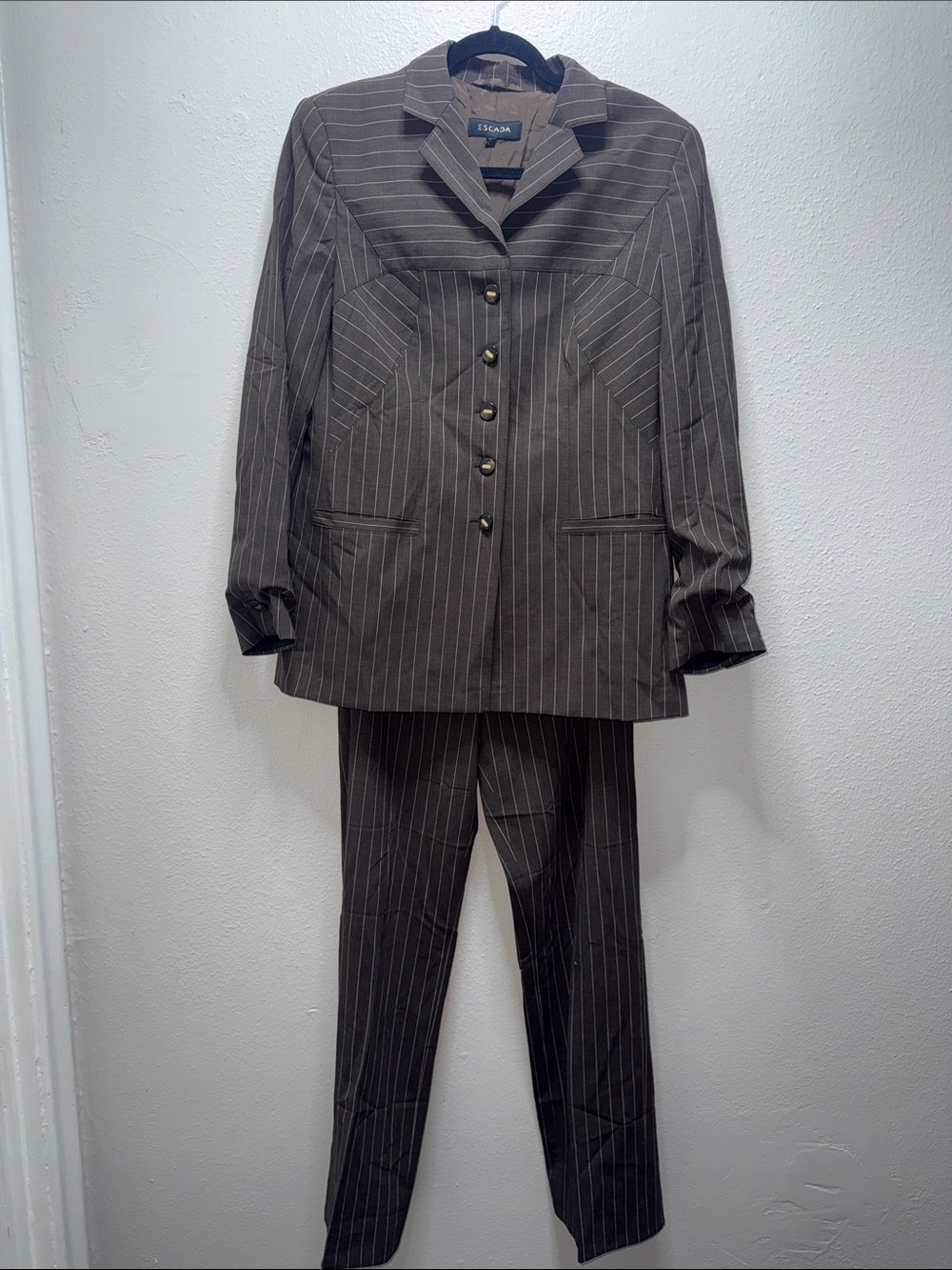 Escada Brown Pinstripe Women's Tailored Two-Piece Suit